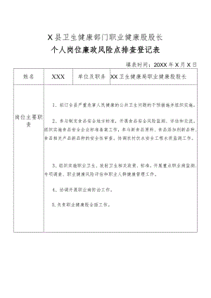 X县卫生健康部门职业健康股股长个人岗位廉政风险点排查登记表.docx