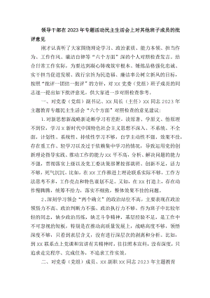 领导干部在2023年专题活动民主生活会上对其他班子成员的批评意见.docx