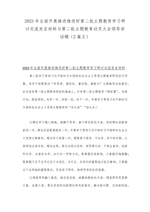 2023年全面开展推进推进好第二批主题教育学习研讨交流发言材料与第二批主题教育动员大会领导讲话稿（2篇文）.docx