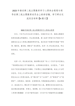2023年推动第二批主题教育学习心得体会感想与领导在第二批主题教育动员会上的讲话稿、学习研讨交流发言材料【4篇文】.docx