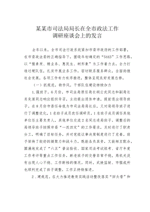 某某市司法局局长在全市政法工作调研座谈会上的发言.docx