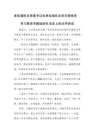 某街道机关党委书记在参加某机关党支部党史学习教育专题组织生活会上的点评讲话.docx