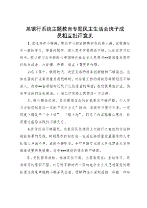 某银行系统主题教育专题民主生活会班子成员相互批评意见.docx