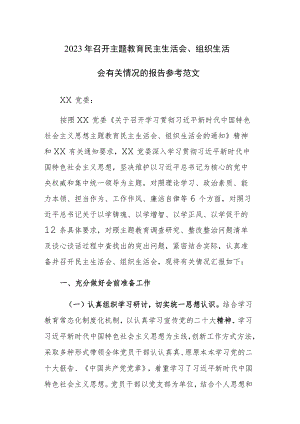 2023年召开主题教育民主生活会、组织生活会有关情况的报告参考范文.docx
