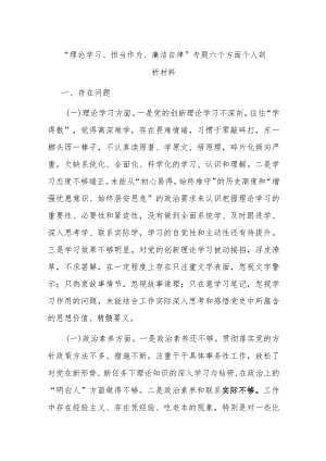 “理论学习、担当作为、廉洁自律”专题六个方面个人剖析材料.docx