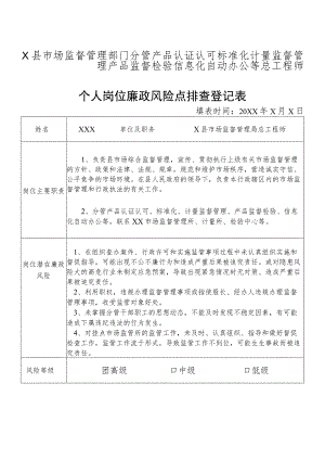 某县市场监督管理部门分管产品认证认可标准化计量监督管理产品监督检验信息化自动办公等总工程师个人岗位廉政风险点排查登记表.docx