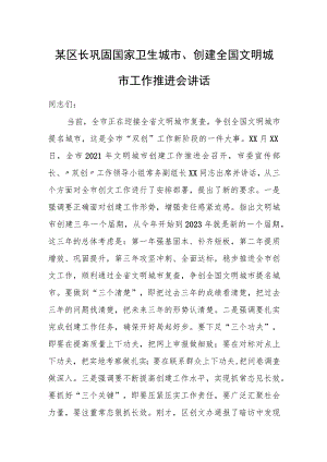 某区长巩固国家卫生城市、创建全国文明城市工作推进会讲话.docx