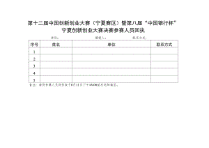 第十二届中国创新创业大赛宁夏赛区暨第八届“中国银行杯”宁夏创新创业大赛决赛参赛人员回执.docx