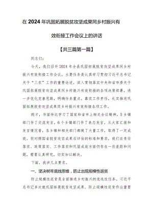（3篇）在2024年巩固拓展脱贫攻坚成果同乡村振兴有效衔接工作会议上的讲话.docx