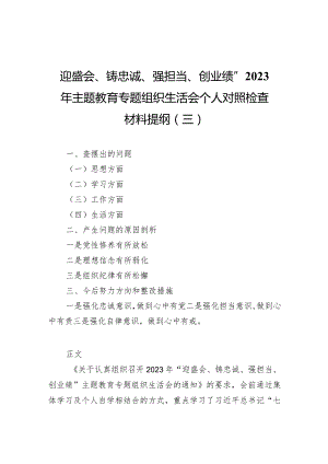 迎盛会、铸忠诚、强担当、创业绩”2023年主题教育专题组织生活会个人对照检查材料提纲（三）.docx