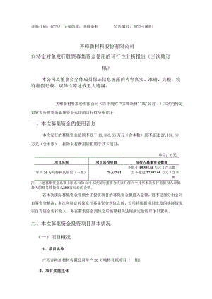 齐峰新材：齐峰新材料股份有限公司向特定对象发行股票募集资金使用的可行性分析报告（三次修订稿）.docx