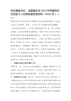 市纪委副书记、监委副主任2023年专题民主生活会个人对照检查发言材料.docx
