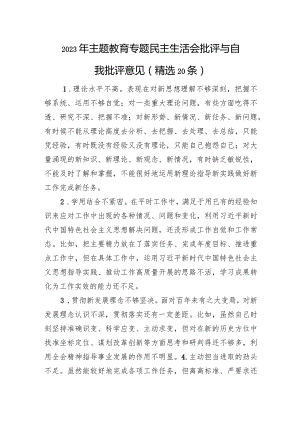 2023年主题教育专题民主生活会批评与自我批评意见（精选20条）.docx