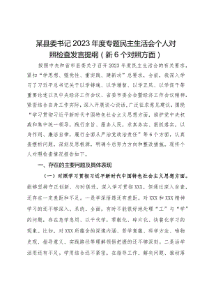 某县委书记2023年度专题民主生活会个人对照检查发言提纲（新6个对照方面）.docx