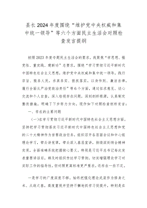 县长2024年度围绕“维护党中央权威和集中统一领导”等六个方面民主生活会对照检查发言提纲.docx