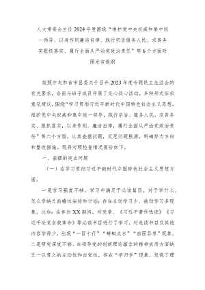 人大常委会主任2024年度围绕“维护党中央权威和集中统一领导、以身作则廉洁自律、践行宗旨服务人民、求真务实狠抓落实、履行全面从严治党.docx