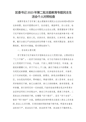 2023年主题教育专题民主生活会个人对照检查 区委书记（践行宗旨等6个方面+案例剖析+上年度整改+个人事项）.docx