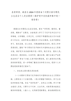 县委常委、副县长2024年度新6个对照方面专题民主生活会个人发言提纲（维护党中央权威和集中统一领导等）.docx
