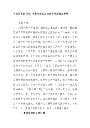 市纪委书记2023年度专题民主生活会对照检查材料.docx