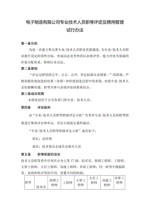 电子制造有限公司专业技术人员职等评定及聘用管理试行办法.docx