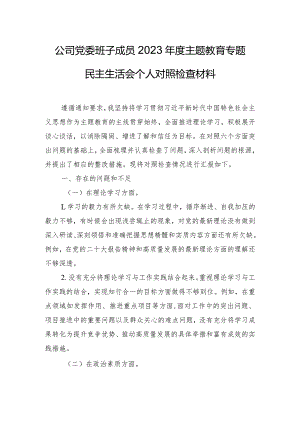 公司党委班子成员2023年度主题教育专题民主生活会个人对照检查材料.docx