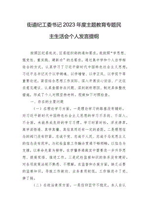 街道纪工委书记2023年度主题教育专题民主生活会个人发言提纲.docx
