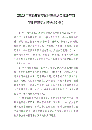2023年主题教育专题民主生活会批评与自我批评意见（精选20条）.docx