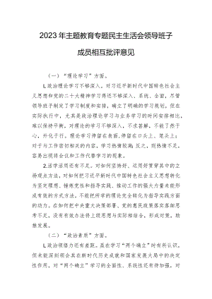 2023年主题教育专题民主生活会领导班子成员相互批评意见.docx