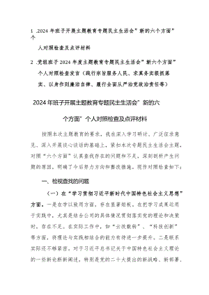 两篇：党组班子2024年度主题教育专题民主生活会“新六个方面”对照检查及相互点评意见发言 (践行宗旨服务人民、求真务实狠抓落实、以身作则廉洁自律等).docx