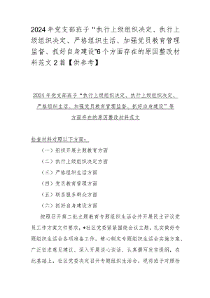 2024年党支部班子“执行上级组织决定、执行上级组织决定、严格组织生活、加强党员教育管理监督、抓好自身建设”6个方面存在的原因整改材.docx