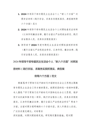2024年领导干部专题民主生活会个人“新八个方面”对照发言材料（践行宗旨、求真务实狠抓落实、典型案例等六个方面）范文.docx