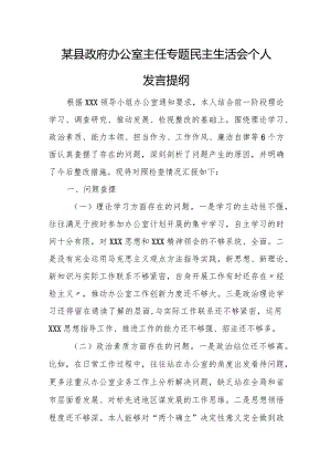 某县政府办公室主任专题民主生活会个人发言提纲.docx