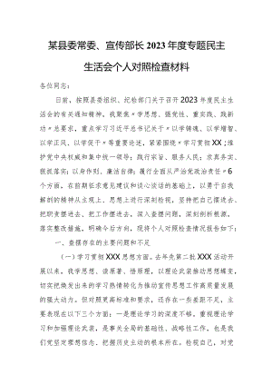 某县委常委、宣传部长2023年度专题民主生活会个人对照检查材料.docx