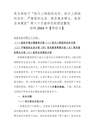 党支部班子“执行上级组织决定、执行上级组织决定、严格组织生活、联系服务群众、抓好自身建设”等六个方面存在的原因整改材料2024年【两份文】.docx