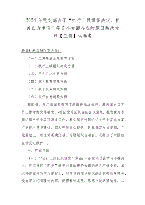 2024年党支部班子“执行上级组织决定、抓好自身建设”等6个方面存在的原因整改材料【三份】供参考.docx