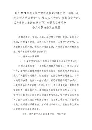 县长2024年度（维护党中央权威和集中统一领导、履行全面从严治党责任、服务人民方面、狠抓落实方面、以身作则、廉洁自律方面）专题民主生活会.docx