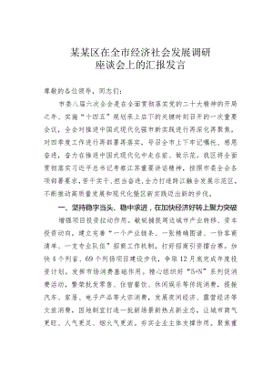 某某区在全市经济社会发展调研座谈会上的汇报发言.docx