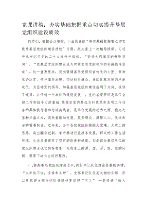 党课讲稿：夯实基础 把握重点 切实提升基层党组织建设质效.docx