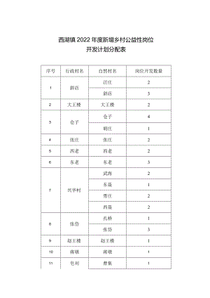 西湖镇2022年度新增乡村公益性岗位开发计划分配表.docx
