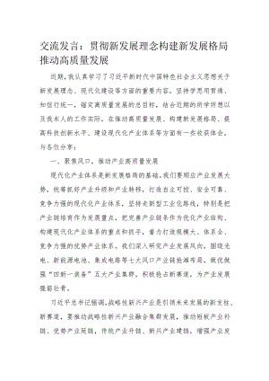 交流发言：贯彻新发展理念 构建新发展格局 推动高质量发展.docx