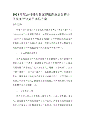 2023年度公司机关党支部组织生活会和开展民主评议党员实施方案.docx