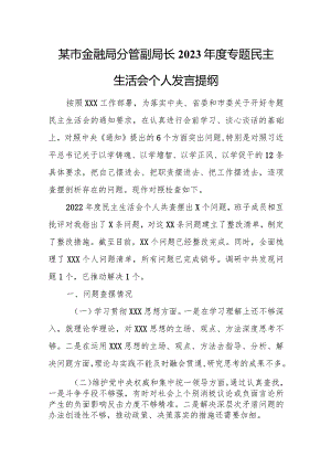 某市金融局分管副局长2023年度专题民主生活会个人发言提纲.docx