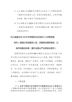 两篇：办公室副主任2024年专题民主生活会个人“新六个方面”对照检查材料(践践行宗旨服务人民、求真务实狠抓落实等).docx