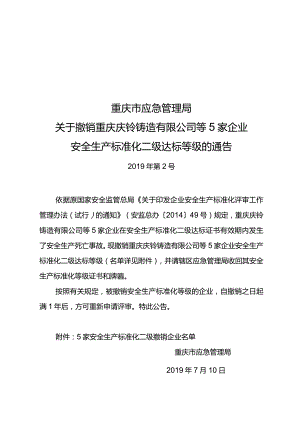 市应急局通告2019年第2号关于撤销重庆庆铃铸造有限公司等5家企业安全生产标准化二级达标等级的通告.docx