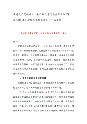 在建设示范城市扩大和升级信息消费会议上讲话 & 在2022年全省信息系统工作会议上的讲话.docx