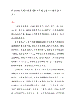 向 D2809 次列车值乘司机杨勇同志学习心得体会（二篇）.docx