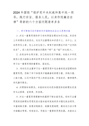 2024年围绕“维护党中央权威和集中统一领导践行宗旨、服务人民以身作则廉洁自律”等新的六个方面问题清单多条.docx