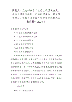 两篇文：党支部班子“执行上级组织决定、执行上级组织决定、严格组织生活、联系服务群众、抓好自身建设”等方面存在的原因整改材料2024年.docx