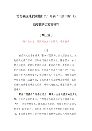 2023年“思想要提升,我该懂什么”三抓三促专题大讨论研讨个人心得体会范文（共3篇）.docx