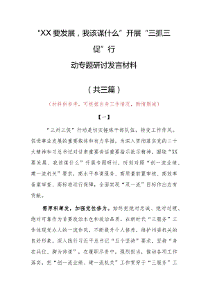 2023年“XX要发展、我该谋什么”三抓三促专题大讨论研讨党员心得感想（共3篇）.docx